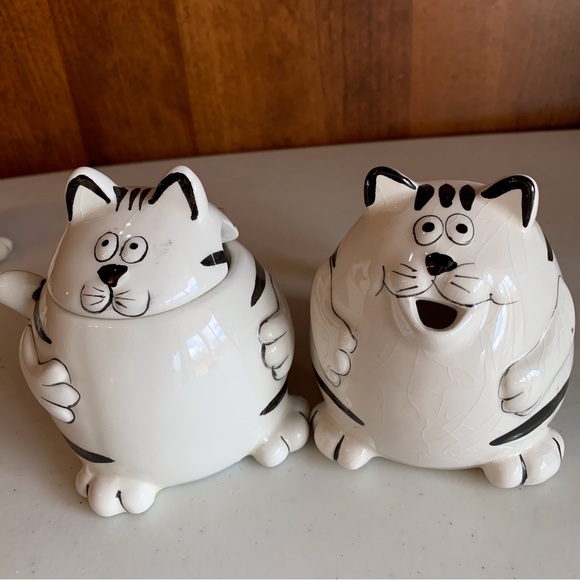 Pier 1- Fat Cat Sugar Creamer Salt Pepper Black & White Striped Cats 4 Piece - Picture 2 of 14